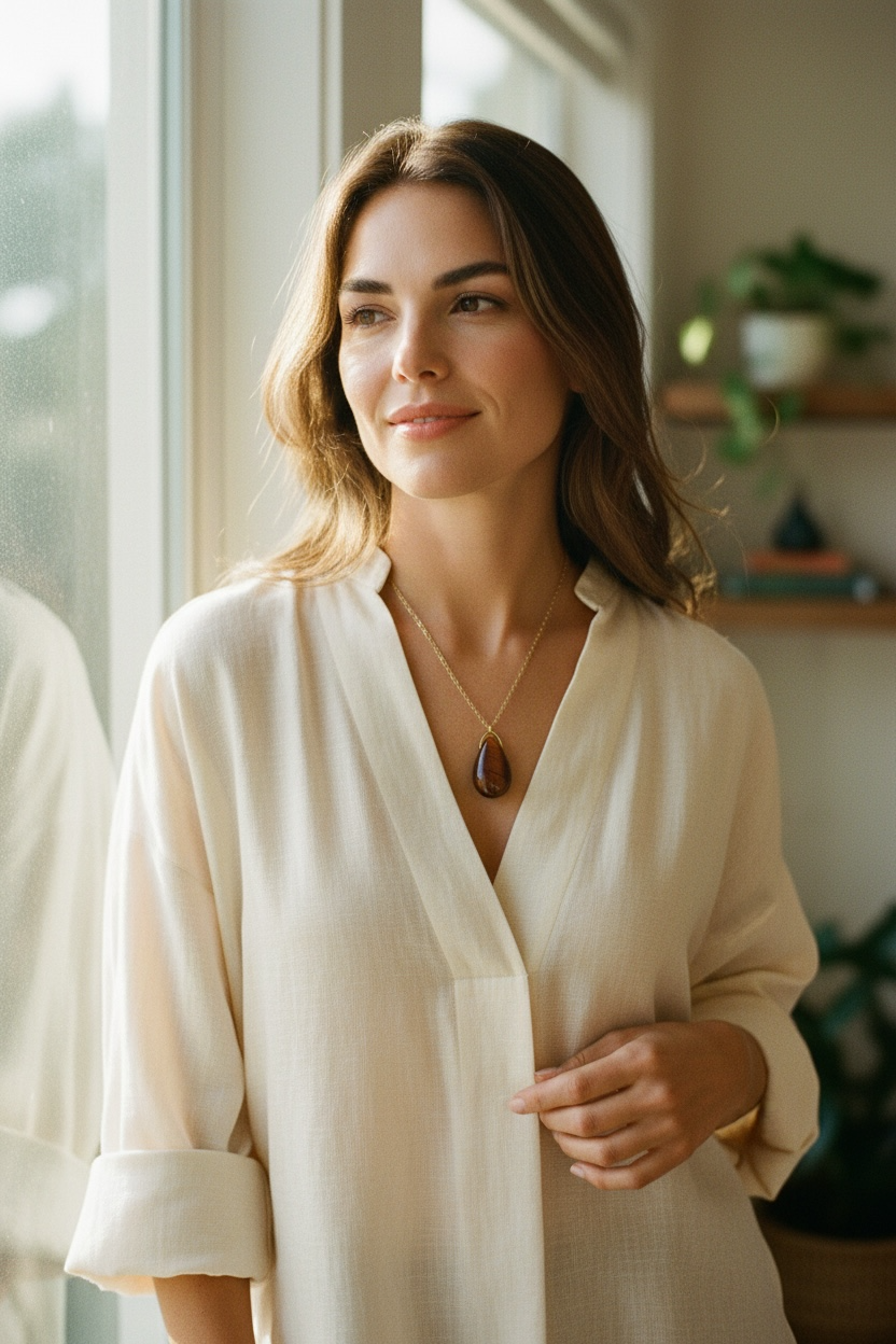 Pendentif goutte sautoir Œil de Taureau d’Afrique du Sud qualité AA