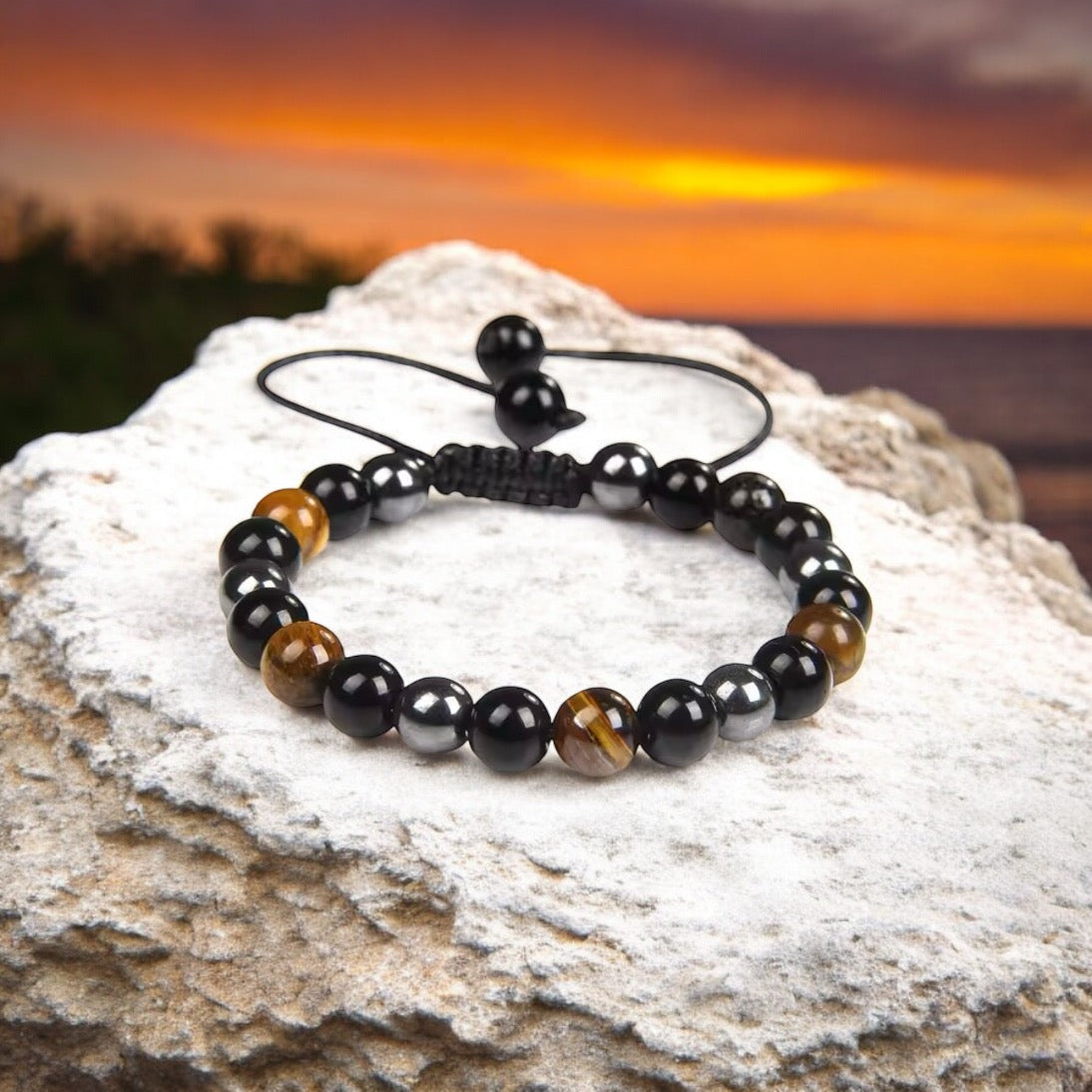 Bracelet Ajustable Protection Extrême en Œil de Tigre, Hématite magnétique et Obsidienne noire