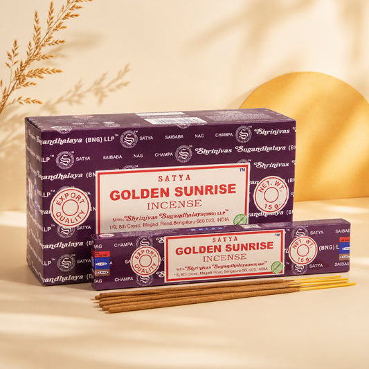 Encens Satya Golden Sunrise~ Étui de 15 Grammes (13 bâtonnets )