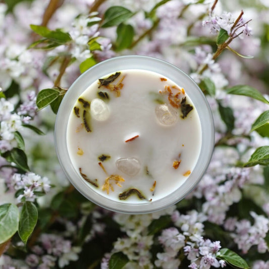 Bougie au Jasmin, Thé Vert & Gemmes de Cristal de Roche - Équilibre Spirituel